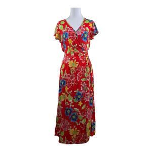 Bloomcore Sienna Sky Red Floral Faux Wrap Midi Dress Small Flutter Sleeve V Neck
